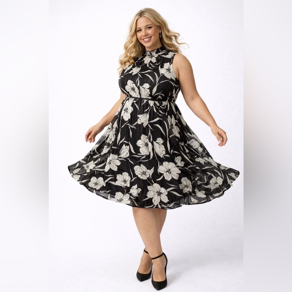Torrid Black & White High Neck Floral A-Line Midi Sleeveless Dress, Large, NWT! - Picture 2 of 15